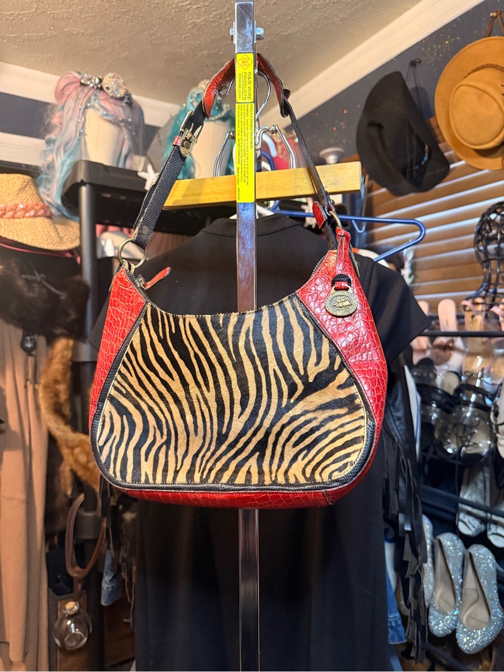 Brahmin Red Croc-Embossed Shoulder Bag with Zebra Panel